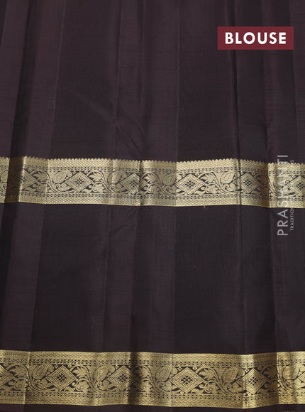 Pure kanchipuram silk saree peach shade and coffee brown with allover small zari checked pattern and long rettapet zari woven butta border
