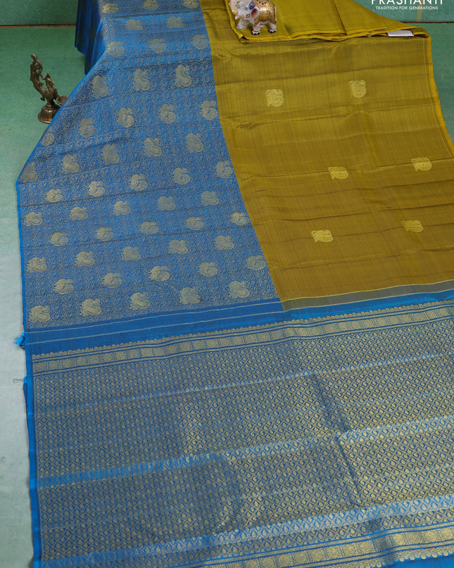Pure kanchipuram silk saree mehendi green and cs blue with half & half style and long zari woven border