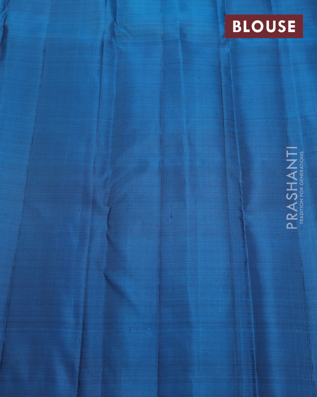 Pure kanchipuram silk saree mehendi green and cs blue with half & half style and long zari woven border