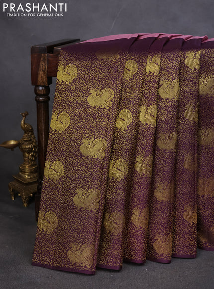 Pure kanchipuram silk saree rosy brown and deep jamun with half & half style and long zari woven border