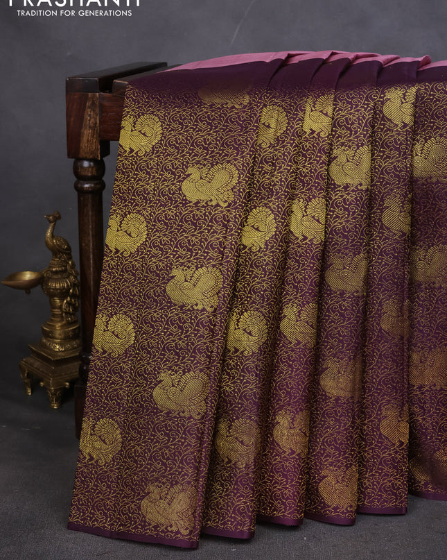 Pure kanchipuram silk saree rosy brown and deep jamun with half & half style and long zari woven border