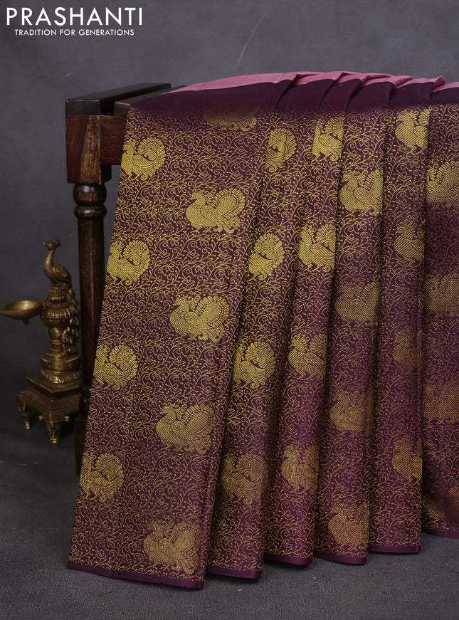 Pure kanchipuram silk saree rosy brown and deep jamun with half & half style and long zari woven border