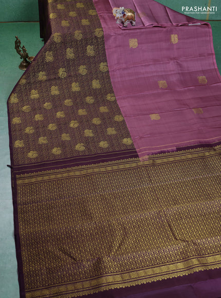 Pure kanchipuram silk saree rosy brown and deep jamun with half & half style and long zari woven border