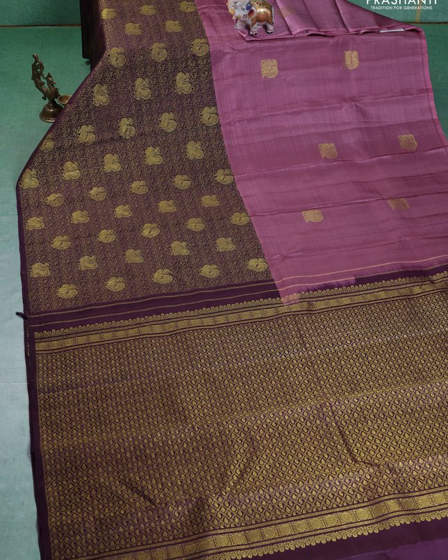 Pure kanchipuram silk saree rosy brown and deep jamun with half & half style and long zari woven border