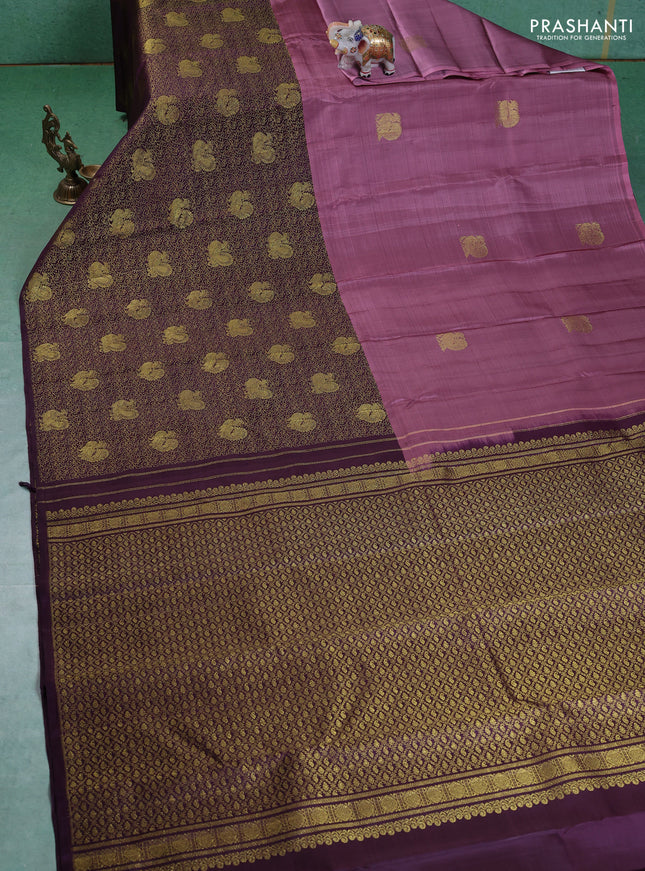 Pure kanchipuram silk saree rosy brown and deep jamun with half & half style and long zari woven border