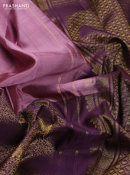 Pure kanchipuram silk saree rosy brown and deep jamun with half & half style and long zari woven border