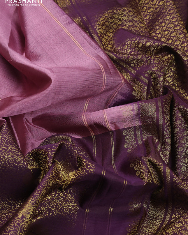 Pure kanchipuram silk saree rosy brown and deep jamun with half & half style and long zari woven border