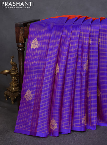 Pure kanchipuram silk saree dual shade of pinkish orange and purple with half & half style and long zari woven border