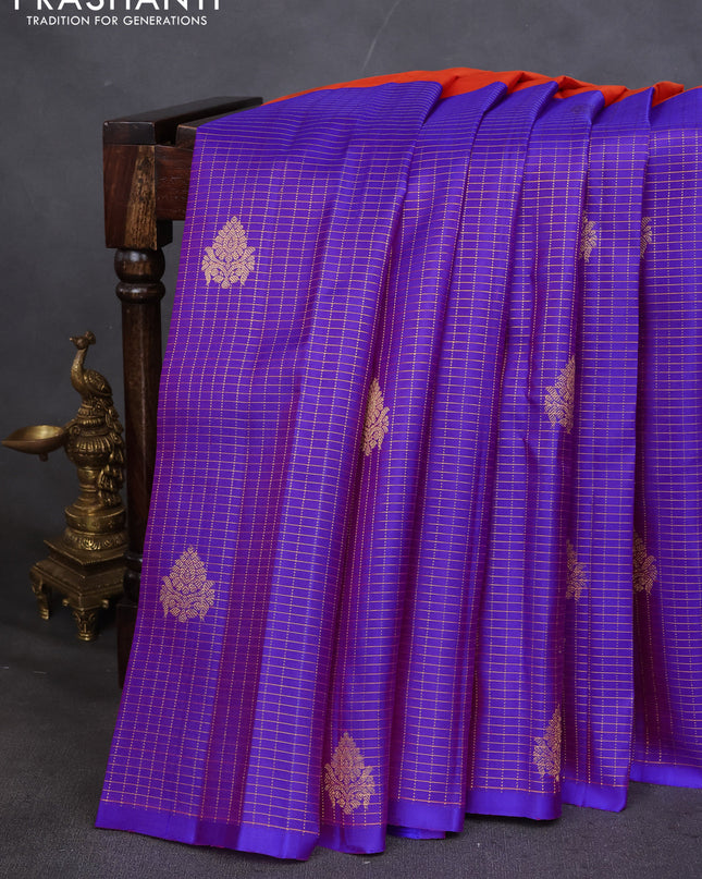 Pure kanchipuram silk saree dual shade of pinkish orange and purple with half & half style and long zari woven border