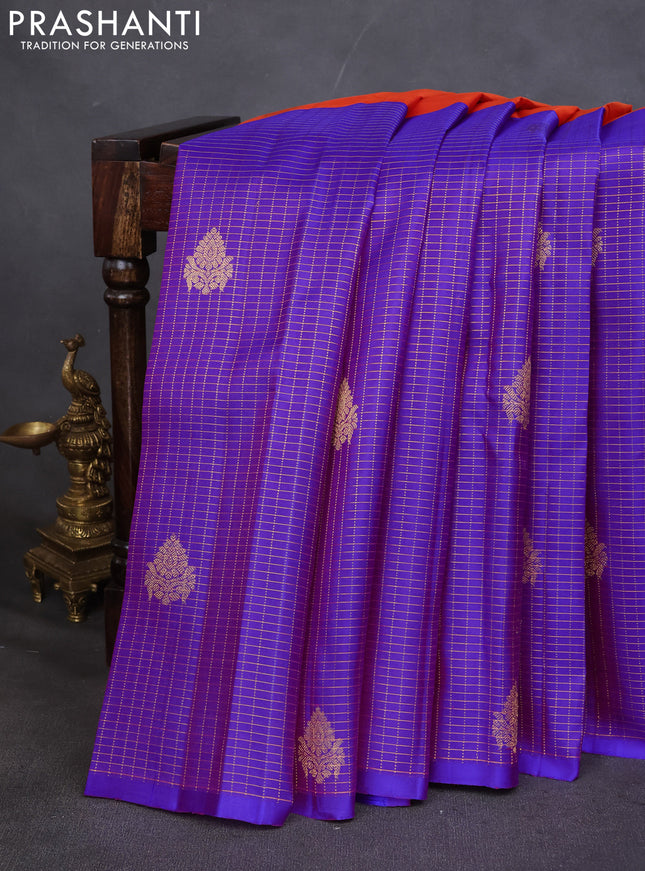 Pure kanchipuram silk saree dual shade of pinkish orange and purple with half & half style and long zari woven border