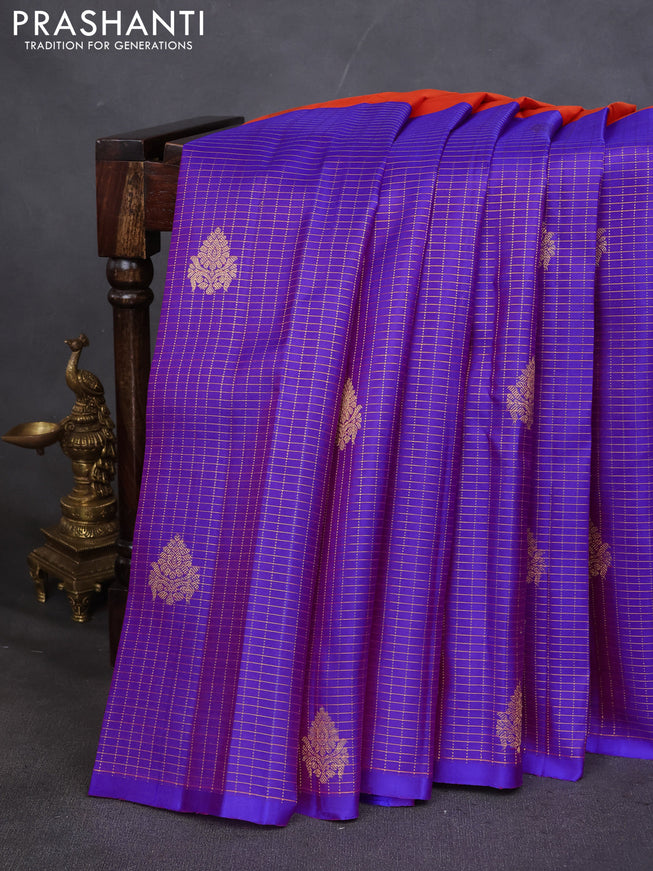 Pure kanchipuram silk saree dual shade of pinkish orange and purple with half & half style and long zari woven border