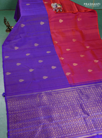 Pure kanchipuram silk saree dual shade of pinkish orange and purple with half & half style and long zari woven border