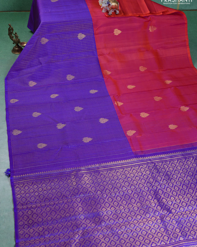 Pure kanchipuram silk saree dual shade of pinkish orange and purple with half & half style and long zari woven border