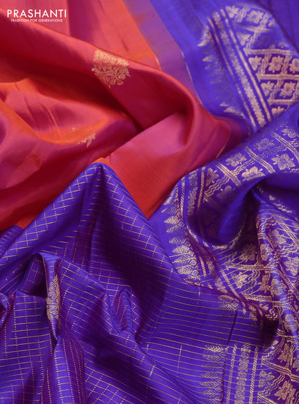 Pure kanchipuram silk saree dual shade of pinkish orange and purple with half & half style and long zari woven border