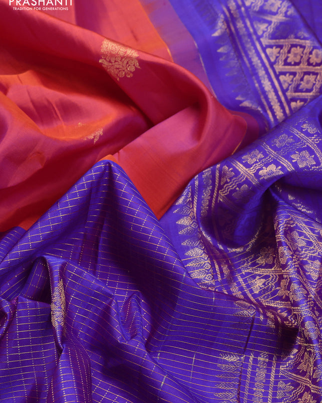 Pure kanchipuram silk saree dual shade of pinkish orange and purple with half & half style and long zari woven border