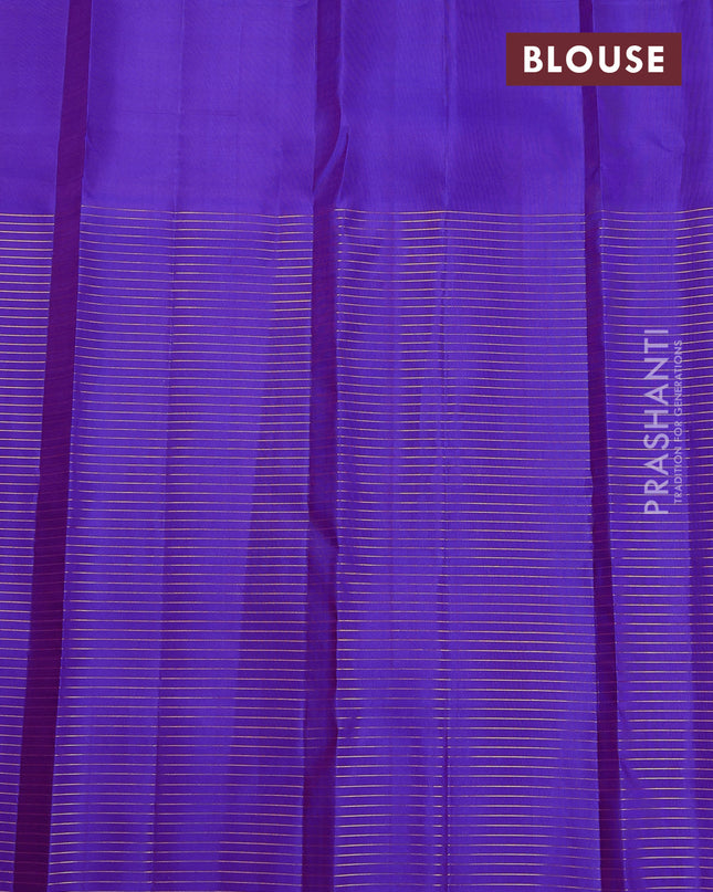Pure kanchipuram silk saree dual shade of pinkish orange and purple with half & half style and long zari woven border