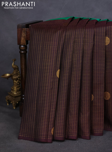 Pure kanchipuram silk saree green and coffee brown with half & half style and long zari woven border