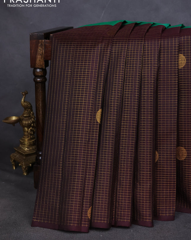 Pure kanchipuram silk saree green and coffee brown with half & half style and long zari woven border