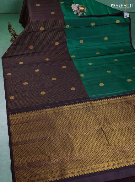 Pure kanchipuram silk saree green and coffee brown with half & half style and long zari woven border