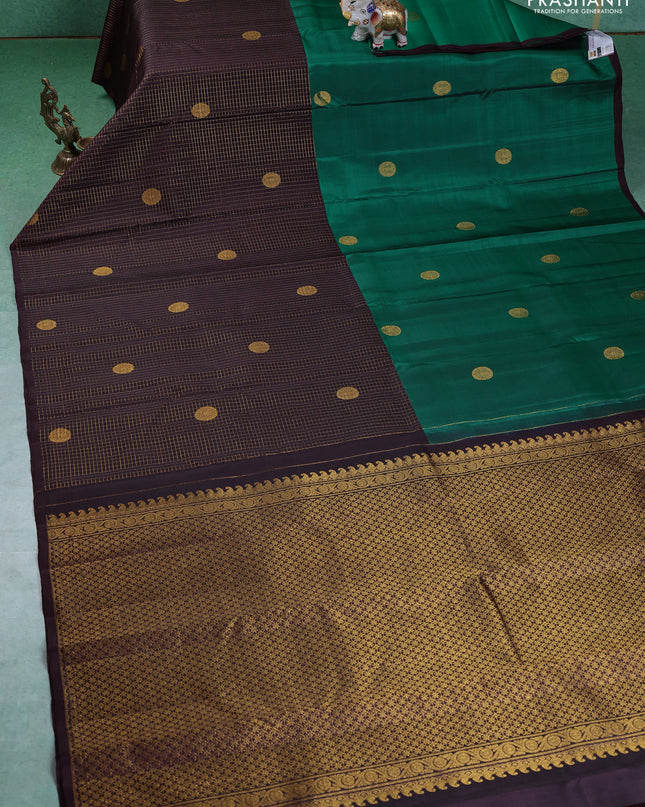 Pure kanchipuram silk saree green and coffee brown with half & half style and long zari woven border