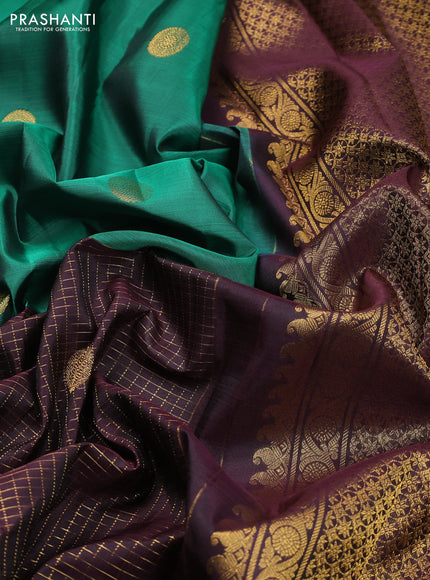 Pure kanchipuram silk saree green and coffee brown with half & half style and long zari woven border