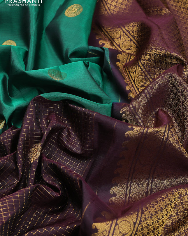 Pure kanchipuram silk saree green and coffee brown with half & half style and long zari woven border