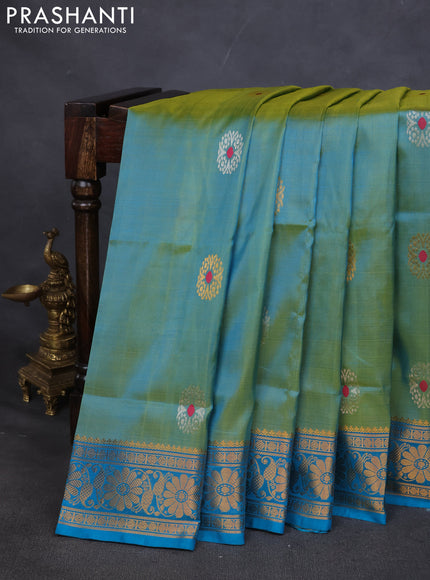 Pure uppada silk saree dual shade of green and teal blue with silver & gold zari woven buttas and zari woven border