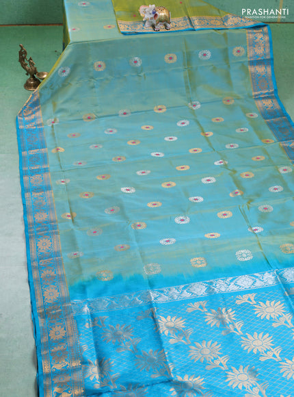 Pure uppada silk saree dual shade of green and teal blue with silver & gold zari woven buttas and zari woven border