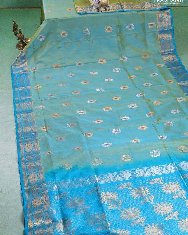 Pure uppada silk saree dual shade of green and teal blue with silver & gold zari woven buttas and zari woven border