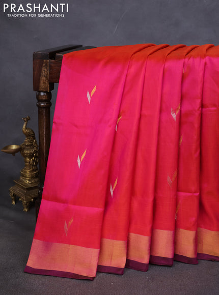 Pure uppada silk saree dual shade of pinkish orange and coffee brown with silver & gold zari woven buttas and zari woven border