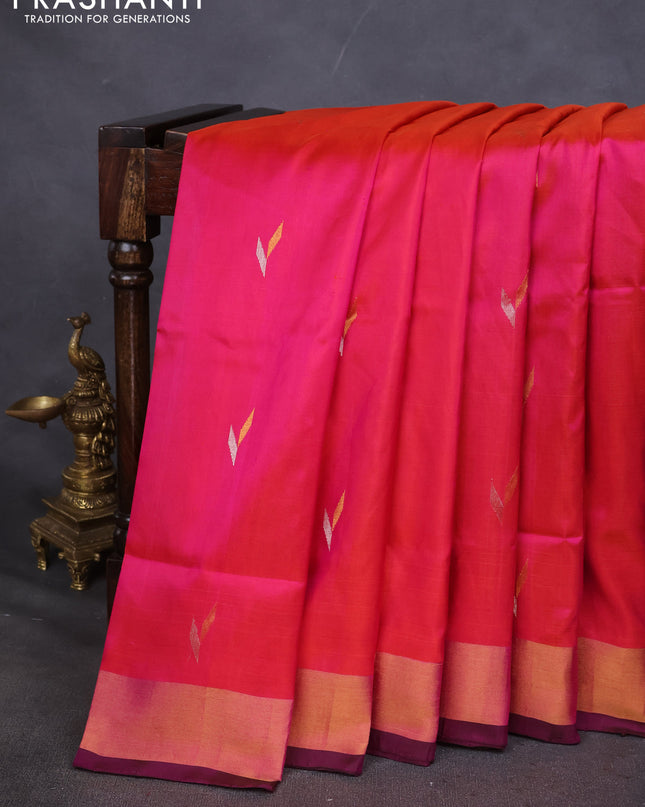 Pure uppada silk saree dual shade of pinkish orange and coffee brown with silver & gold zari woven buttas and zari woven border