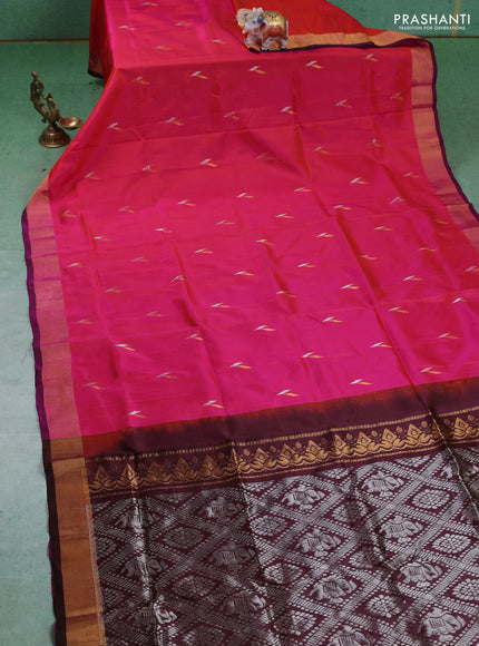 Pure uppada silk saree dual shade of pinkish orange and coffee brown with silver & gold zari woven buttas and zari woven border