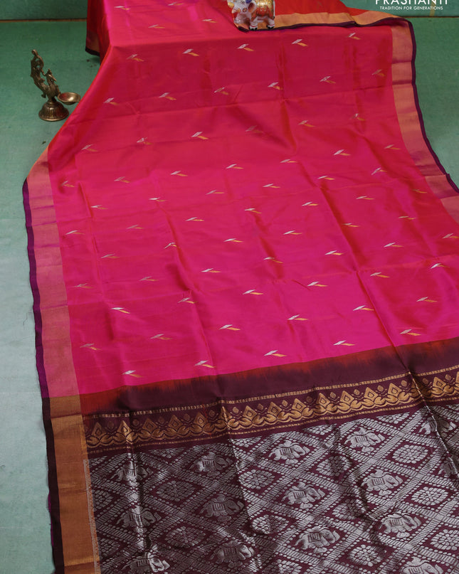 Pure uppada silk saree dual shade of pinkish orange and coffee brown with silver & gold zari woven buttas and zari woven border