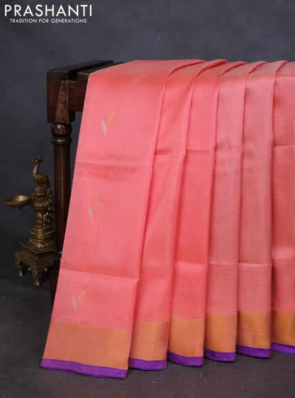Pure uppada silk saree peach shade and blue with silver & gold zari woven buttas and zari woven border