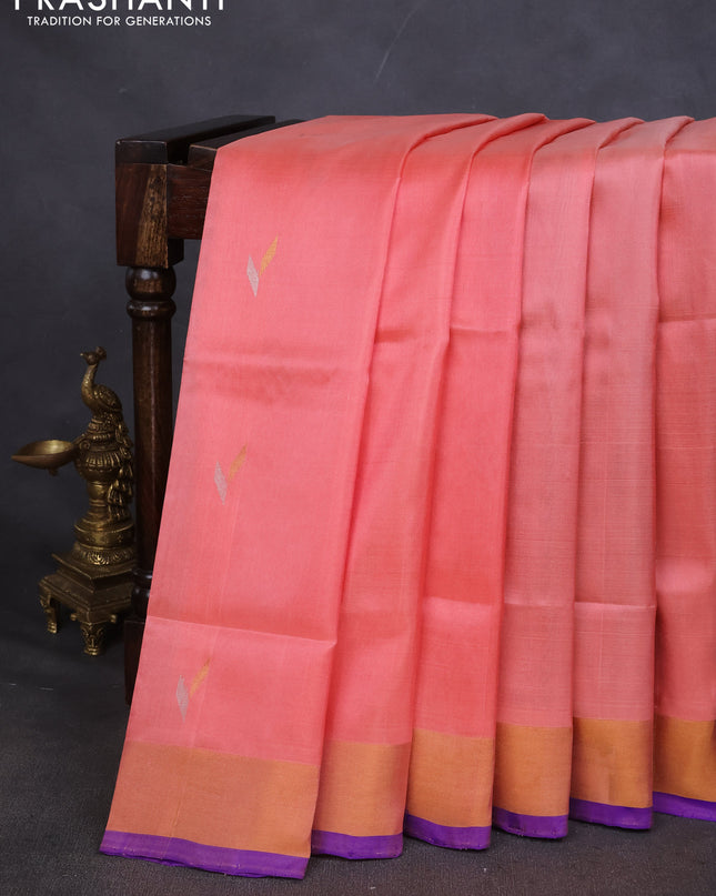Pure uppada silk saree peach shade and blue with silver & gold zari woven buttas and zari woven border