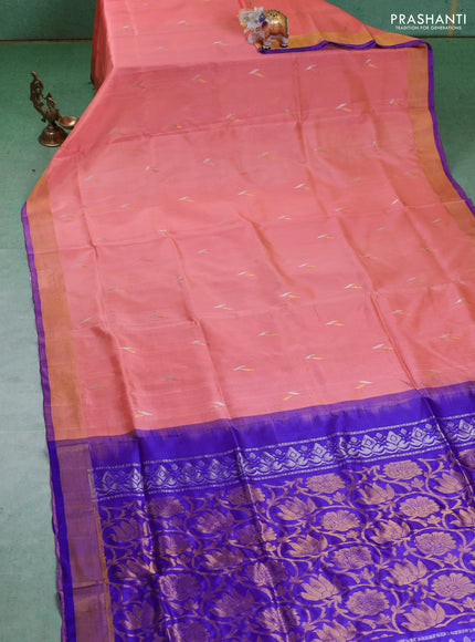 Pure uppada silk saree peach shade and blue with silver & gold zari woven buttas and zari woven border