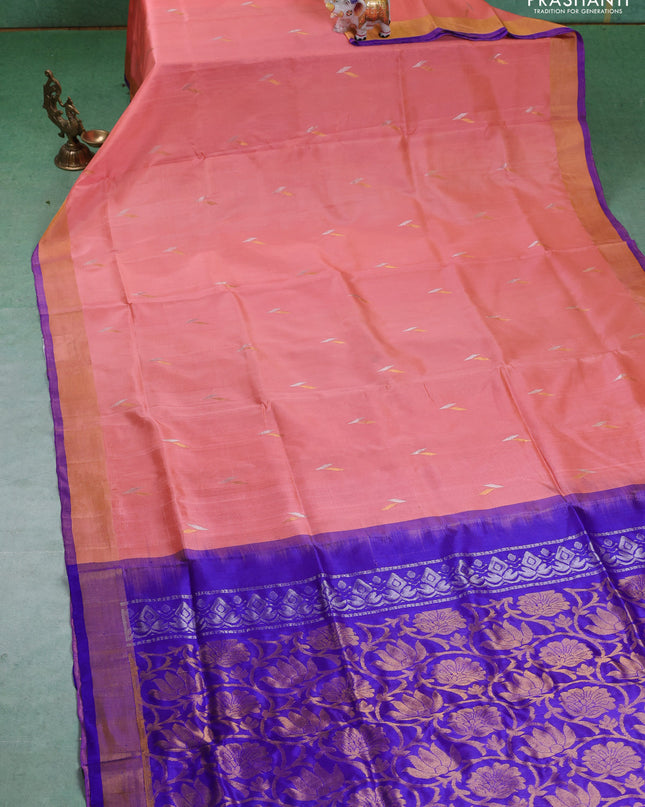Pure uppada silk saree peach shade and blue with silver & gold zari woven buttas and zari woven border