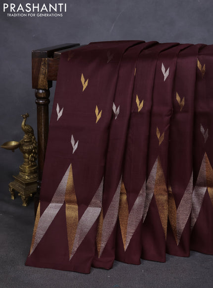 Pure uppada silk saree deep brown with silver & gold zari woven buttas and wevy zari woven border