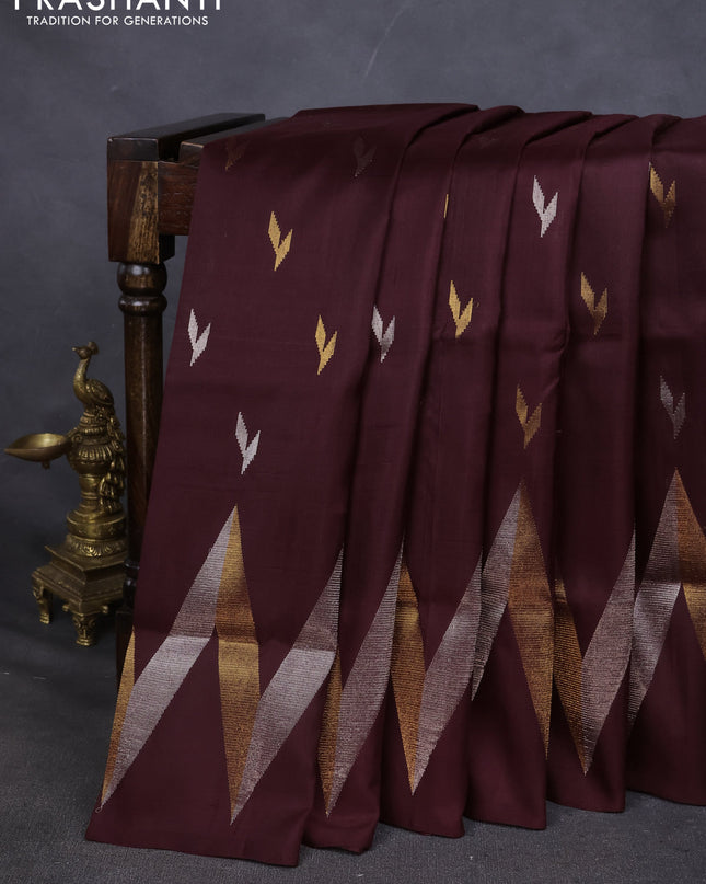 Pure uppada silk saree deep brown with silver & gold zari woven buttas and wevy zari woven border