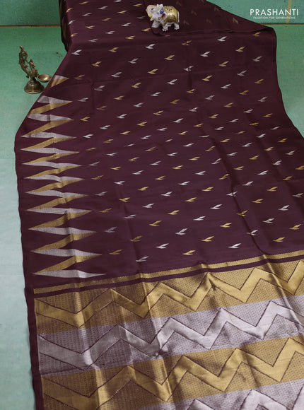 Pure uppada silk saree deep brown with silver & gold zari woven buttas and wevy zari woven border