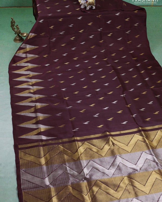 Pure uppada silk saree deep brown with silver & gold zari woven buttas and wevy zari woven border