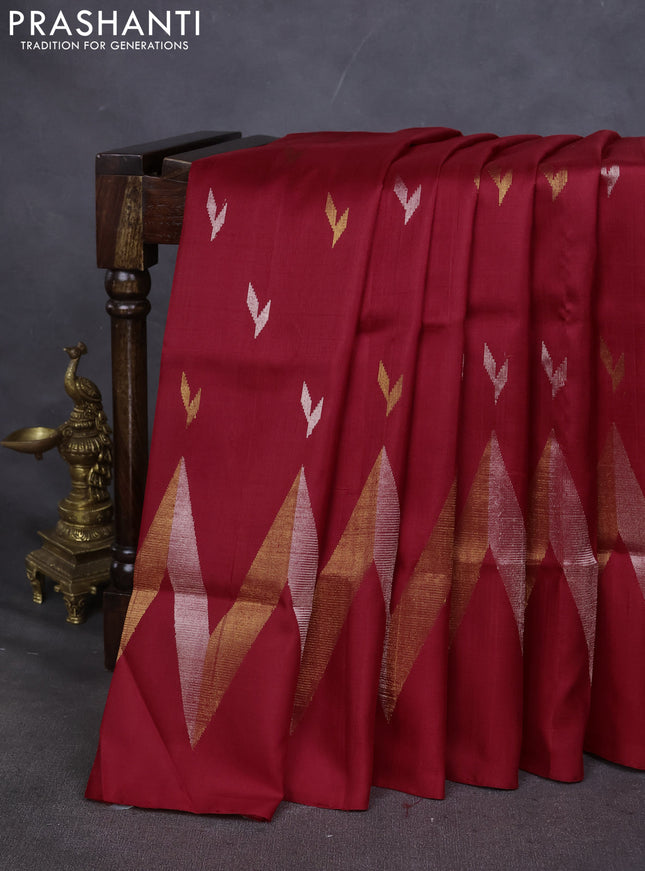 Pure uppada silk saree red with silver & gold zari woven buttas and wevy zari woven border