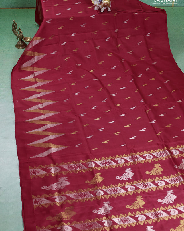 Pure uppada silk saree red with silver & gold zari woven buttas and wevy zari woven border