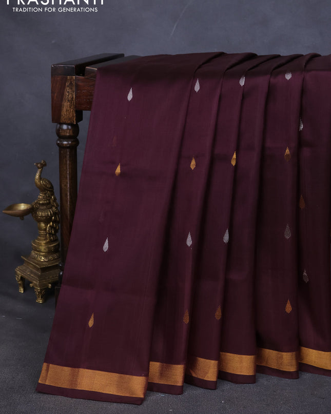 Pure uppada silk saree coffee brown with silver & gold zari woven buttas and jamdhani pallu