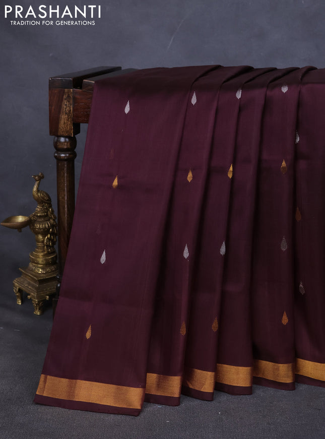 Pure uppada silk saree coffee brown with silver & gold zari woven buttas and jamdhani pallu