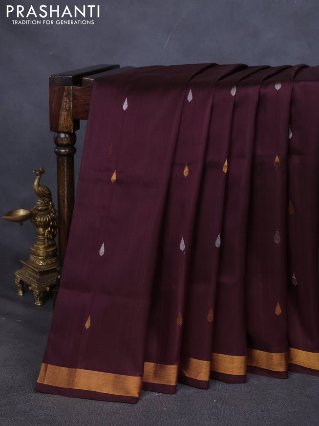 Pure uppada silk saree coffee brown with silver & gold zari woven buttas and jamdhani pallu