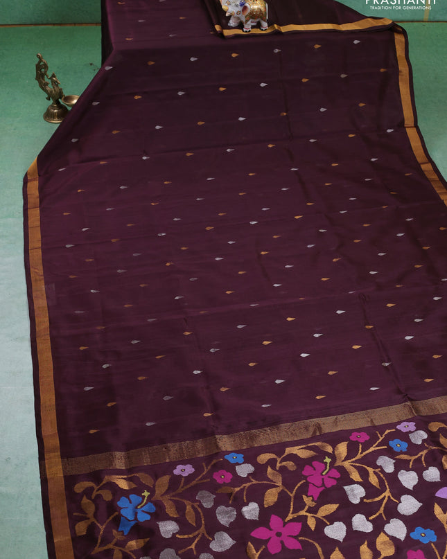 Pure uppada silk saree coffee brown with silver & gold zari woven buttas and jamdhani pallu