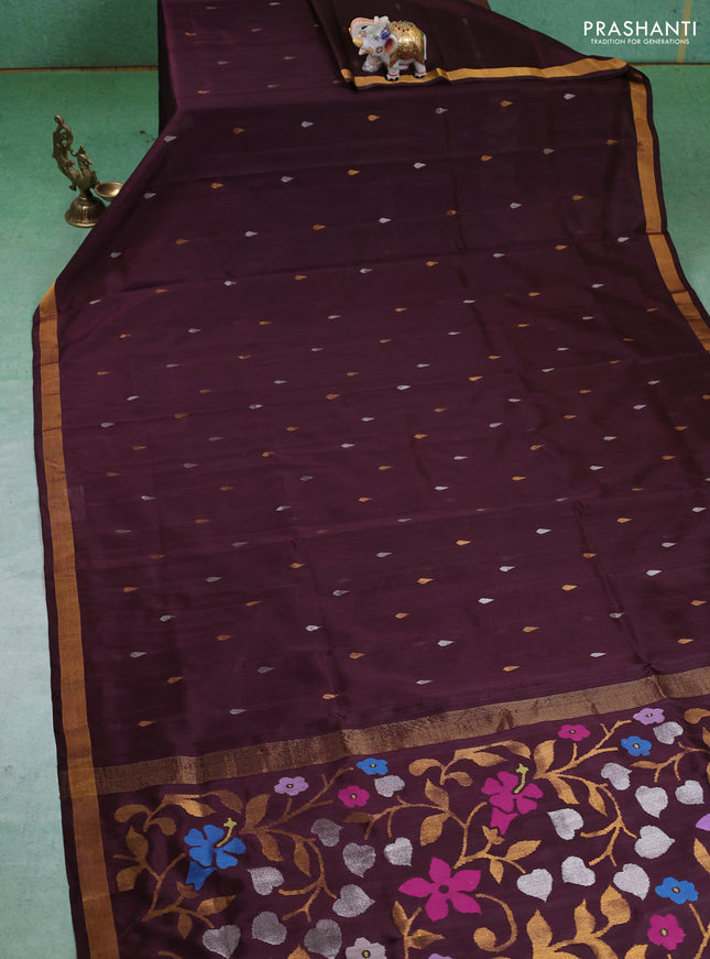 Pure uppada silk saree coffee brown with silver & gold zari woven buttas and jamdhani pallu