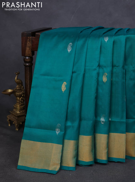 Pure uppada silk saree teal green with silver & gold zari woven paisley buttas and zari woven border