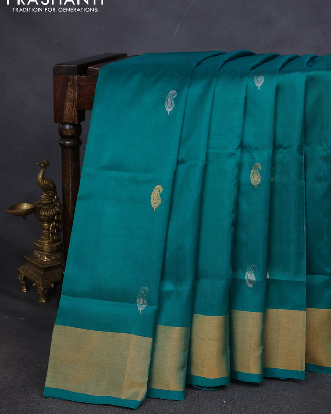 Pure uppada silk saree teal green with silver & gold zari woven paisley buttas and zari woven border